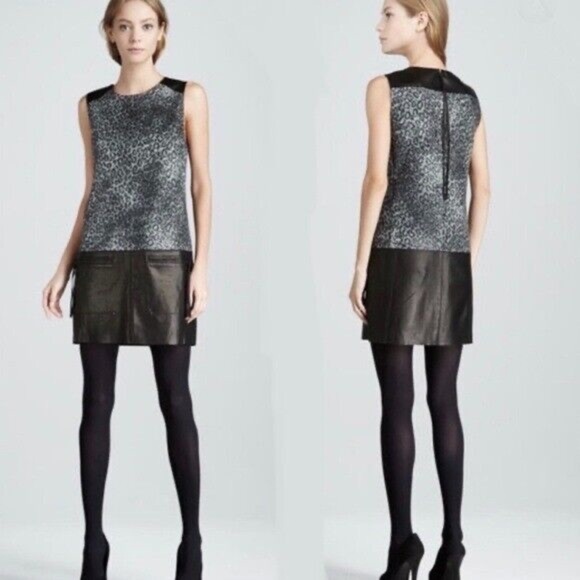 Rebecca Taylor Black Leather Wool Leopard Animal Print Dress Size 10 Medium M - Picture 1 of 8